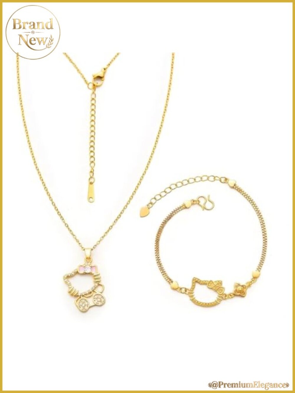 Kawaii Cat Gold-Plated Necklace Bracelet Set with CZ and Pearls Adjustable Chain